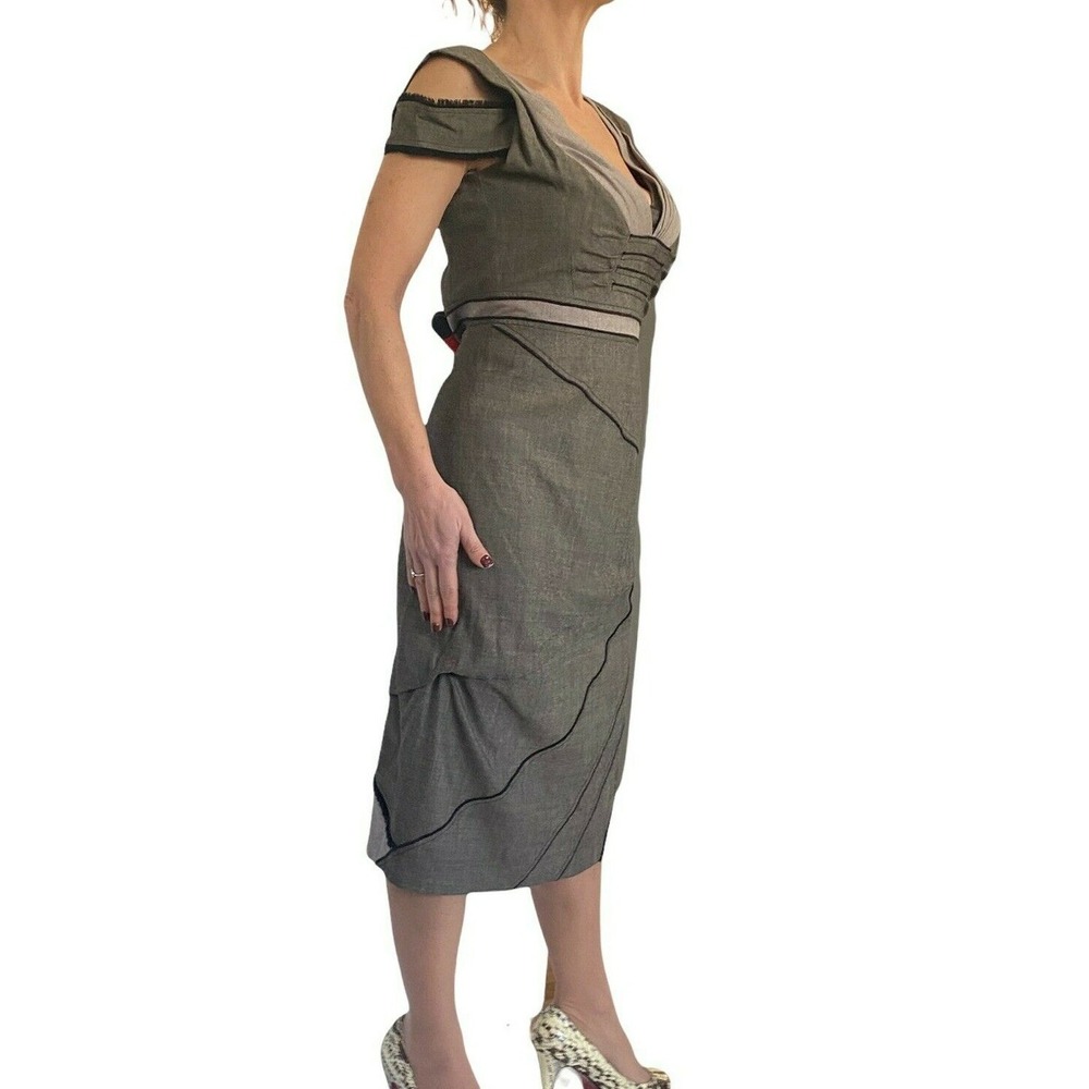 Zac Posen Womens Dress Brown Wool Cold Shoulder V- Neck Midi Sz 10 NWT $1350 - Picture 5 of 9